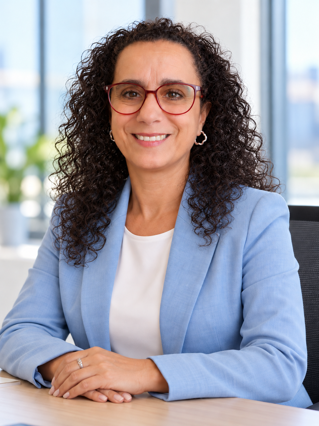 Rita Silva, consultora de telecomunicações e energia, com blazer azul-claro